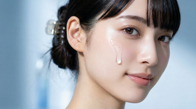 頬に透明な美容液を垂らしてケアをする日本人女性のアップ