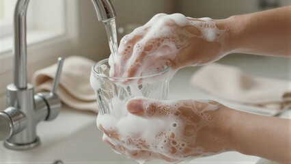 Fototapeta premium Hands washing glass under running water with soapy foam.