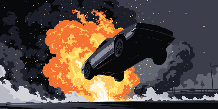 Cinematic action scene featuring a dark sports car leaping away from a giant fireball and smoke