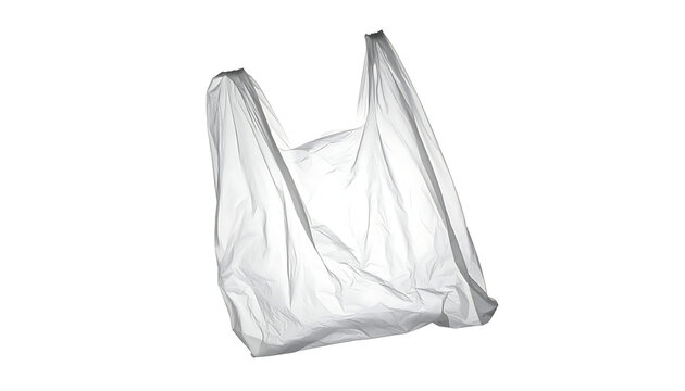 Isolated empty white plastic shopping bag with wrinkled texture, environmental waste and pollution, retail carry bag