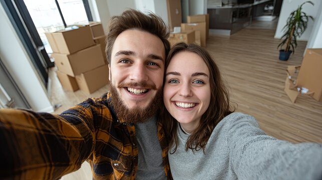 Excited first-time home buyers taking a selfie inside a new empty apartment, capturing moving day emotions in a bright modern interior with a realistic lifestyle photography style	
