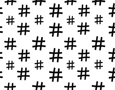 Black hashtag symbols scattered on a white background, forming a repeating pattern, creating a modern, graphic design