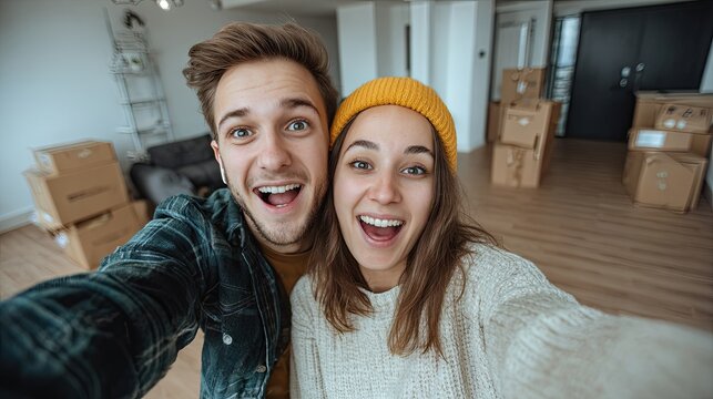 Excited first-time home buyers taking a selfie inside a new empty apartment, capturing moving day emotions in a bright modern interior with a realistic lifestyle photography style	
