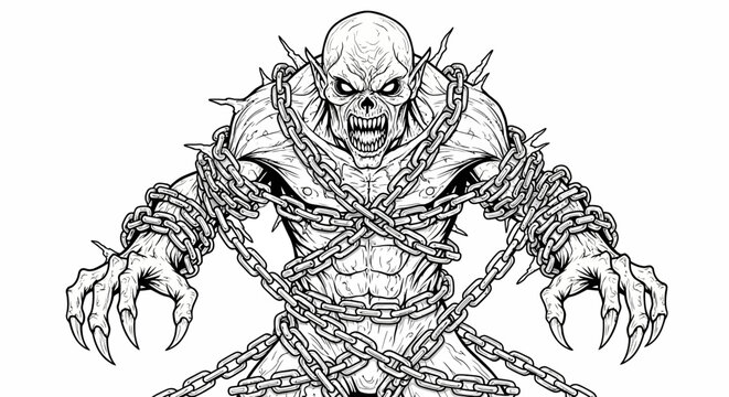 A menacing monster with sharp teeth and claws is bound by heavy chains in a dark fantasy scene whisks bftzwe via RJ Whisk Auto
