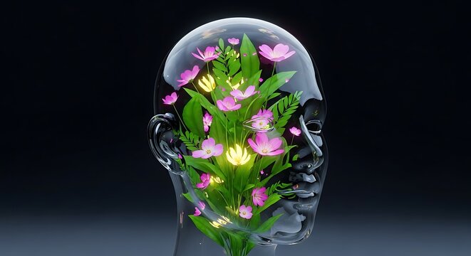 Transparent Head Silhouette Filled with Green Leaves and Pink Flowers