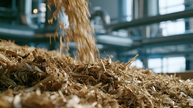 Medium shot of chopped corn stalks cascading into a compact biomass reactor hopper crisp focus on plant material with blurred industrial piping backdrop in a bright processing