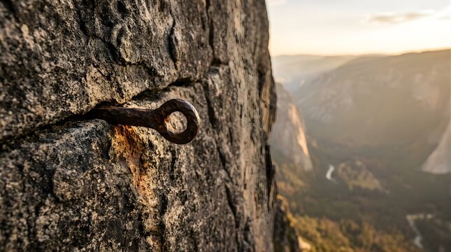 Rusty metal piton anchor fixed in a rock wall overlooking a valley