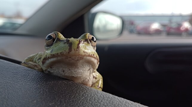 A frog sitting inside a car, creating a playful and unusual scene with a whimsical and unexpected visual concept
