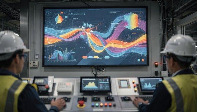 Medium shot of an industrial plant control room featuring a large screen with AIpowered reactor optimization dashboards adjusting polymerization parameters to ensure uniform rubber