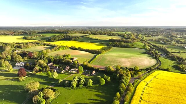 Fields and Farms over Horsebridge nad Stockbridge from a drone, Hampshire, England