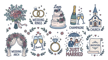 Obraz premium Wedding Elements Collection: Arch, Rings, Cake, Champagne, Church, Bouquet, Couple