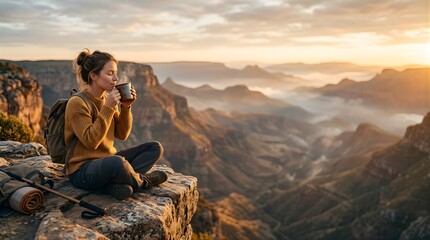 Naklejka premium Woman drinking coffee on mountain edge during peaceful sunrise trekking