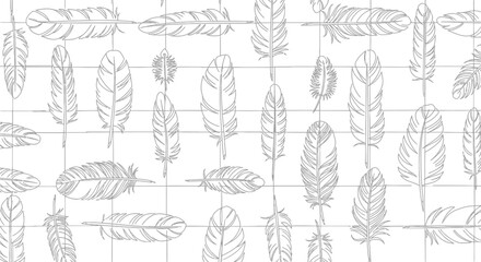 Fototapeta premium An illustration of various feathers arranged on a grid background in a creative pattern