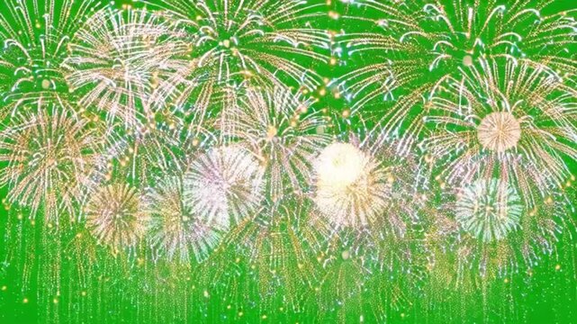 Vibrant Green Background with Animated Golden Fireworks Display.