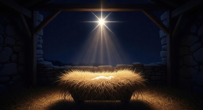Baby jesus in a manger with a bright christmas star in the night stable illustration