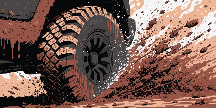 A dynamic stylized illustration of a rugged off road tire kicking up a massive mud spray