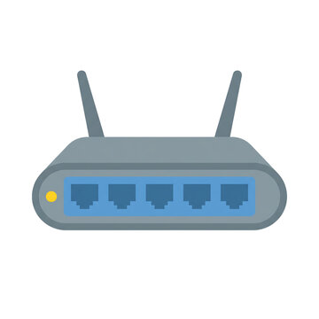 Flat design illustration of a grey wireless router with two antennas and multiple blue Ethernet ports, featuring a yellow indicator light.
