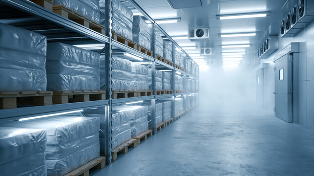 Cold storage warehouse with organized refrigerated shelves