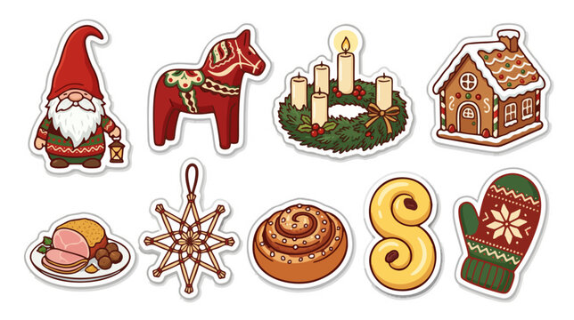 Scandinavian yule and nordic christmas cartoon stickers vector set
