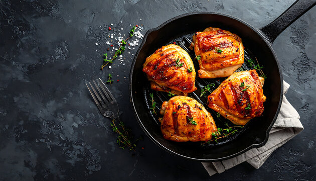 Grilled chicken thighs in cast iron skillet with herbs, rustic food photography, home cooking, delicious dinner recipes, high protein meal