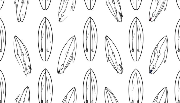Black-and-white repeating pattern featuring multiple stylized surfboard outlines on a bright white background