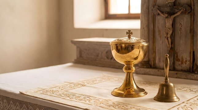 Golden ciborium and sanctuary bell on the altar