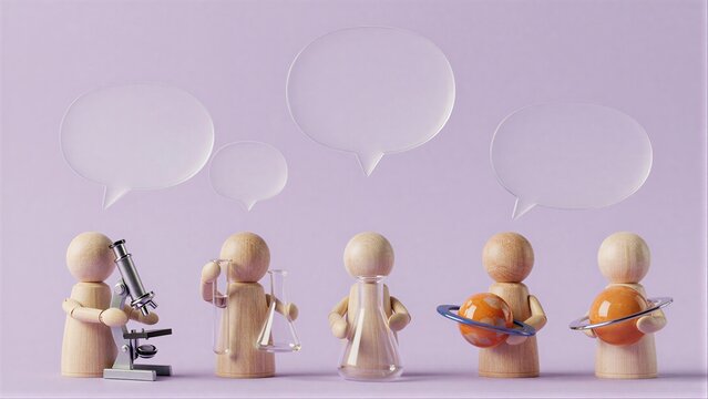 Four wooden figures with science tools and speech bubbles, symbolizing collaborative learning.