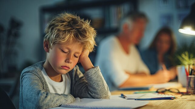 A tired child struggling to complete homework at a desk while strict parents reprimand him, portraying emotional tension, family conflict, educational pressure, and a realistic home atmosphere 