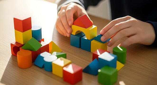 Colorful Block Toys Stacking and Building in Hands on Activity