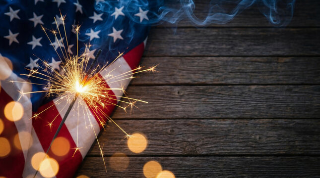 American flag fireworks celebration sparkle night holiday joy over rustic wood. 4th july united state america us independence. patriotic freedom liberty celebration, explosion background