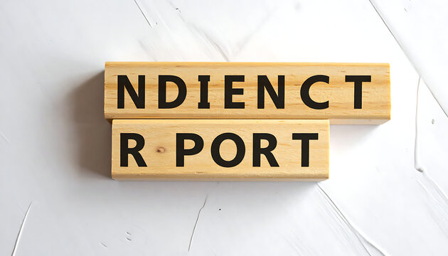 Wooden blocks spelling text on textured surface, business assessment, data analysis, information update, corporate reporting, strategy planning