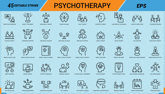 Psychotherapy mental health line art icons set, Mental health therapy, Counseling session, Anxiety treatment, Depression support, Cognitive therapy, Online therapy, Outline icon, Editable stroke, Vect