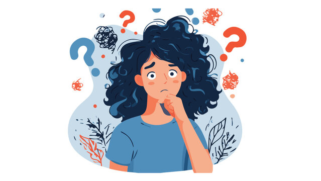 Confused Woman Thinking With Question Marks Around.