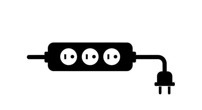 Minimal black silhouette icon, simple flat vector, bold black shape, no, no shading power strip icon with three electrical outlets and a plug on a, flat icon style