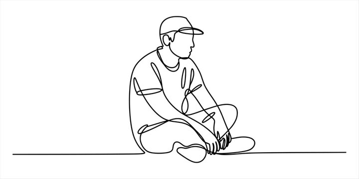 Young man sitting on the floor wearing a baseball cap drawn in a continuous single line art style