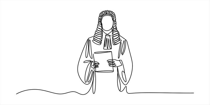 Continuous single line drawing of a judge in a courtroom wearing a traditional wig and robe holding a legal document for justice and law concept illustration