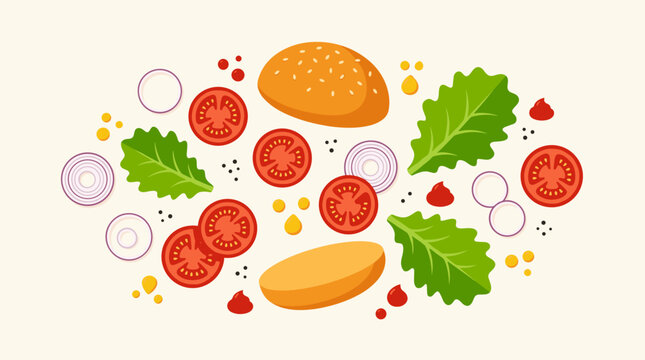 Burger Ingredients Scattered Flat Design Style Isolated on White Background