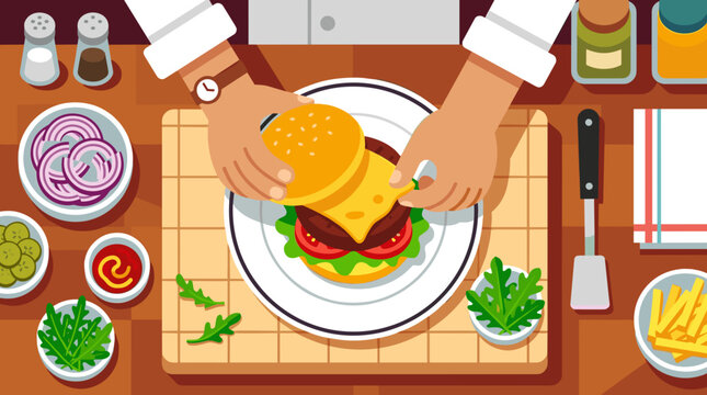 Chef preparing a delicious gourmet burger with fresh ingredients on a wooden table