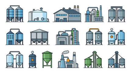Industrial Factory Buildings and Silos Vector Icons Collection © hidayati