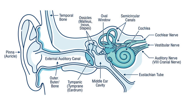 Anatomical Diagram of the Human Ear: Cross-section Showing Inner, Middle, and Outer Ear Structures