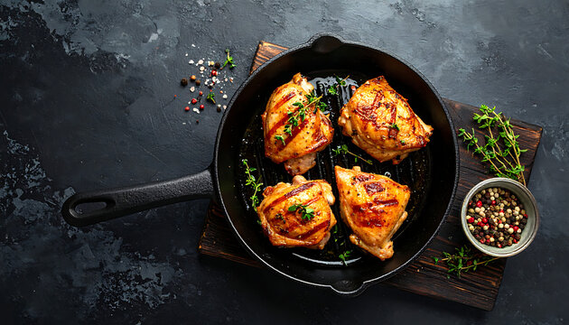 grilled chicken thighs in cast iron skillet with herbs and peppercorns, rustic cooking, food photography, home meal preparation