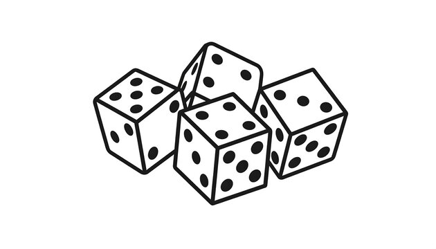 Black and white illustration of four dice, scattered on a white background, displaying various pips