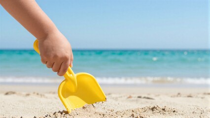 Obraz premium Child holds yellow shovel on sandy beach with turquoise ocean waves in background.