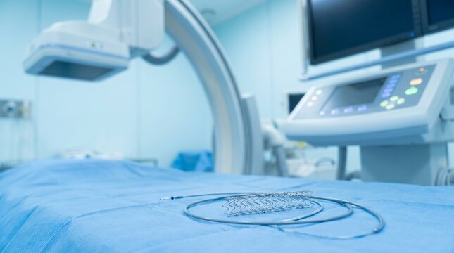 Endovascular stent placement preparation with vascular stent and catheter on sterile blue drape in interventional radiology suite.