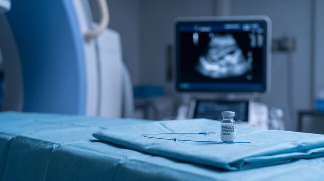 Uterine fibroid embolization preparation with embolic spheres vial and microcatheter on sterile blue drape, ultrasound screen in background.