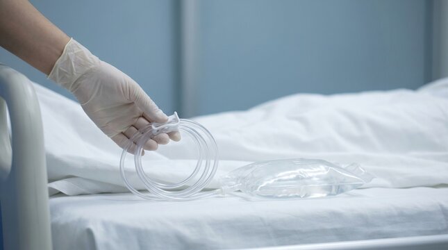 Nurse handling percutaneous biliary drainage tubing and clear collection bag on hospital bed, concept of hepatobiliary drainage care and postoperative monitoring.