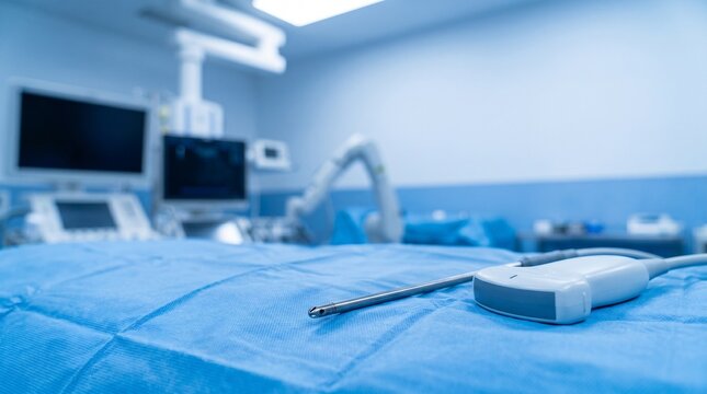 Tumor ablation probe and ultrasound transducer on sterile blue drape in interventional radiology suite, concept of minimally invasive cancer treatment.