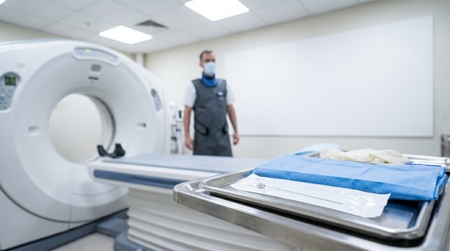 CT-guided lung biopsy preparation with sterile needle kit and blue drape on procedure tray, radiology technologist and CT scanner in background.