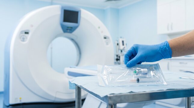 CT-guided biopsy preparation with sterile needle and syringe kit held by gloved hand in a modern interventional radiology suite.