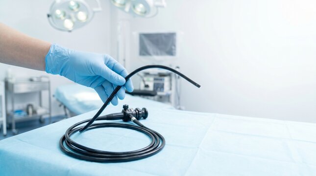 Flexible cystoscope held by gloved hand on sterile blue drape in urology procedure room, concept of cystoscopy, bladder examination and minimally invasive urinary tract diagnostics.